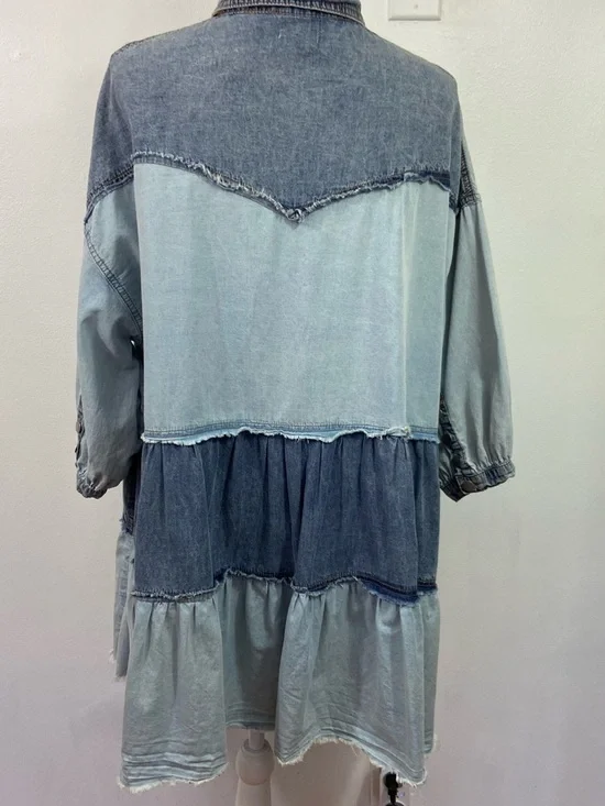 POL chambray Denim Babydoll Mini Dress Sz Medium Tiered Colorblock Overs - Picture 4 of 13